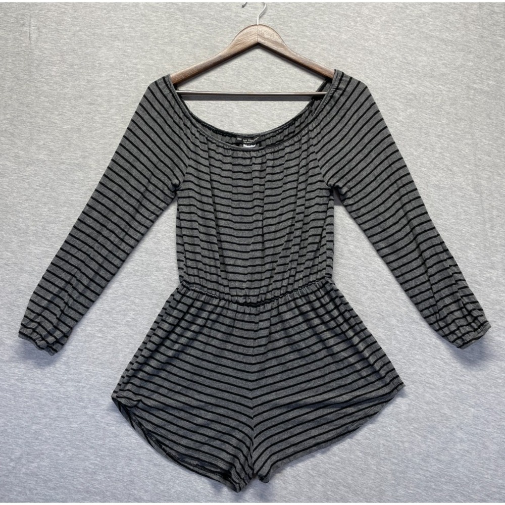 See You Monday Off The Shoulder Romper Women Medium Gray Black Striped Stretch
